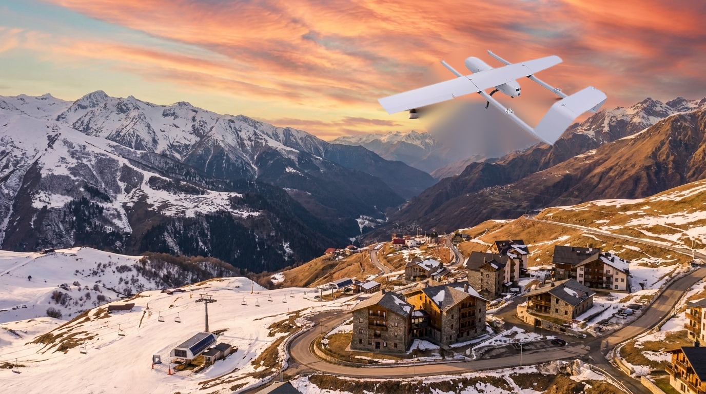 Autonomous delivery drone in flight over Georgian mountain landscape